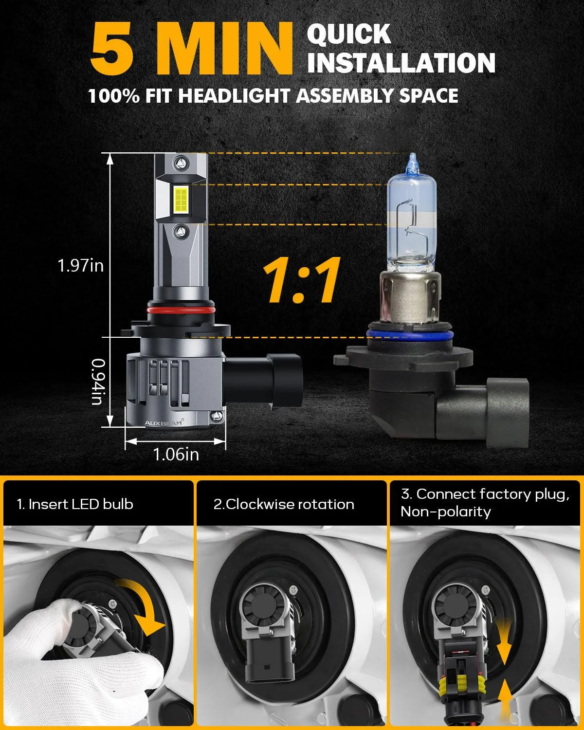 1:1 Halogen Size Q20 Series 22000LM 90W LED Headlight Bulbs 6500K Cool White