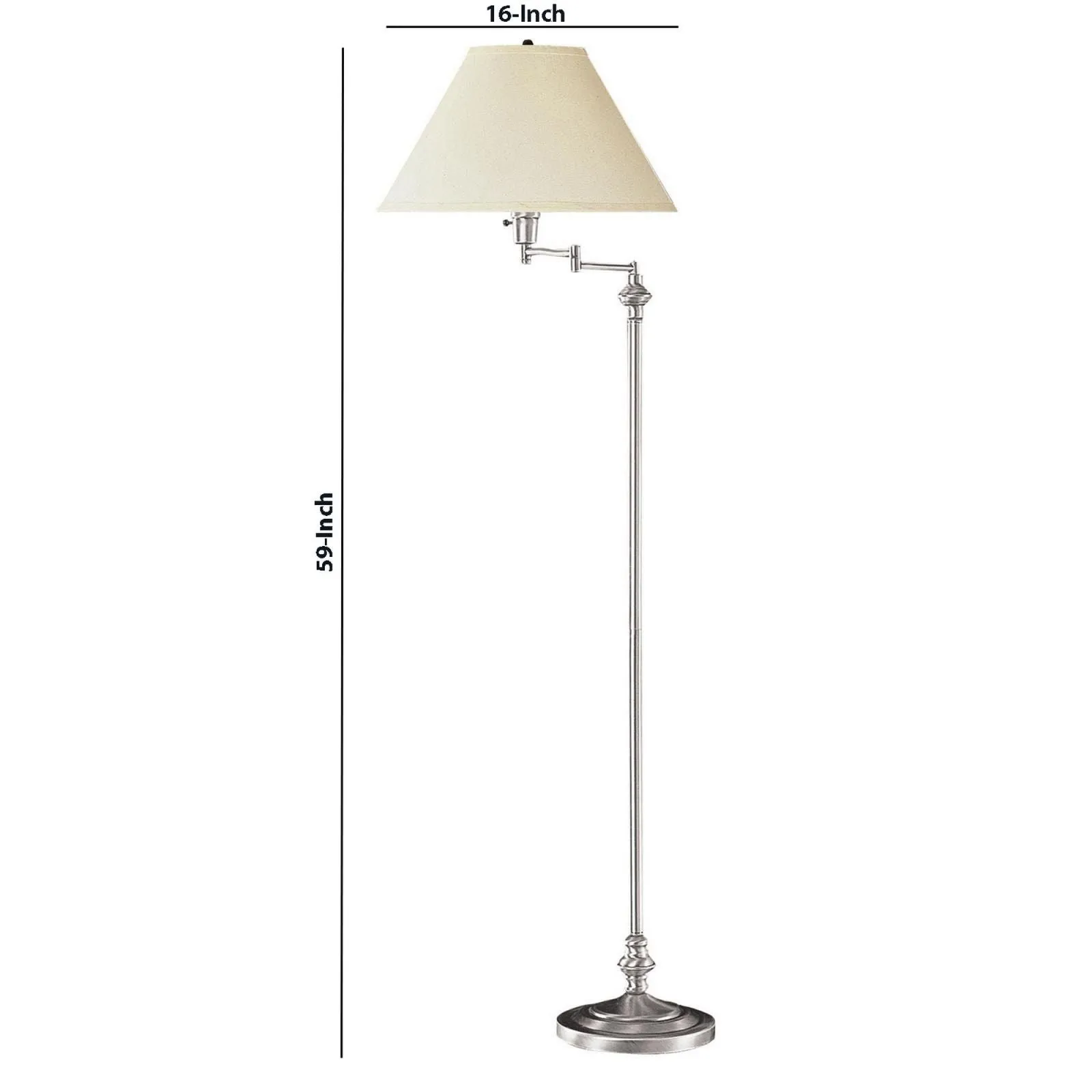 150 Watt Metal Floor Lamp With Swing Arm And Fabric Conical Shade, Silver By Benzara