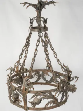 1930s Handcrafted Wrought Iron Chandelier with Scotch Thistle Motif 31"