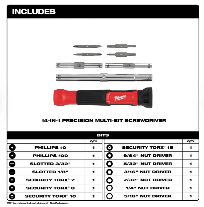 48-22-2933 Milwaukee 14-in-1 Precision Multi Bit Screwdriver