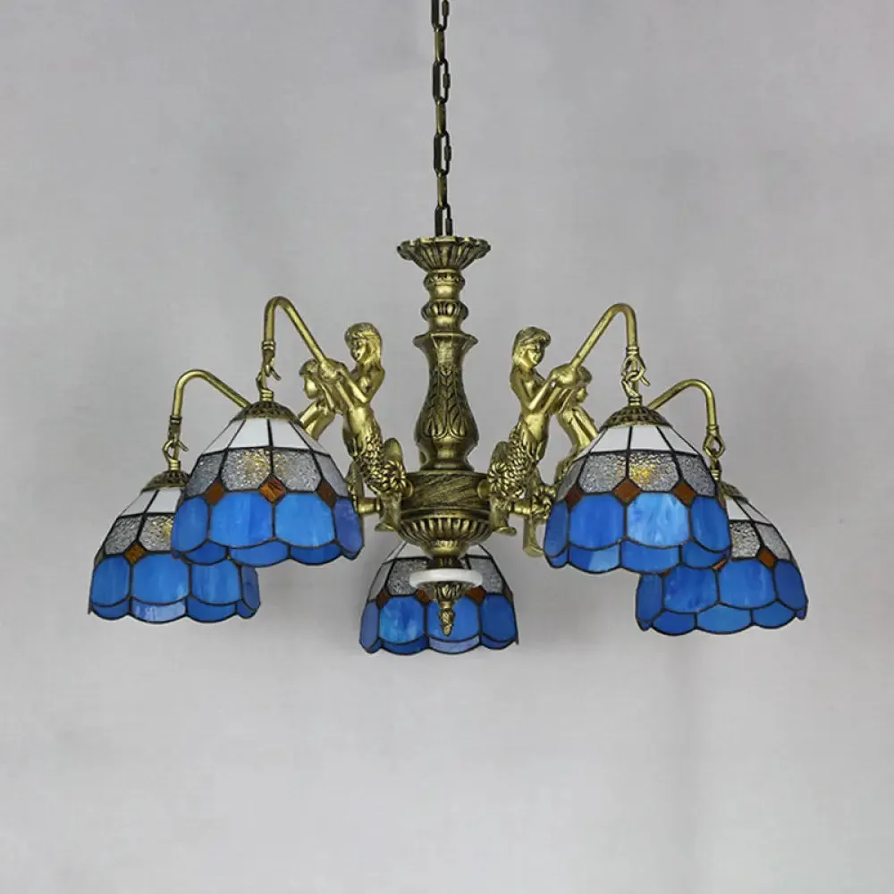 5-Light Tiffany Chandelier: Cut Glass Dome Pendant Lamp in White/Antique Brass with Mermaid Deco