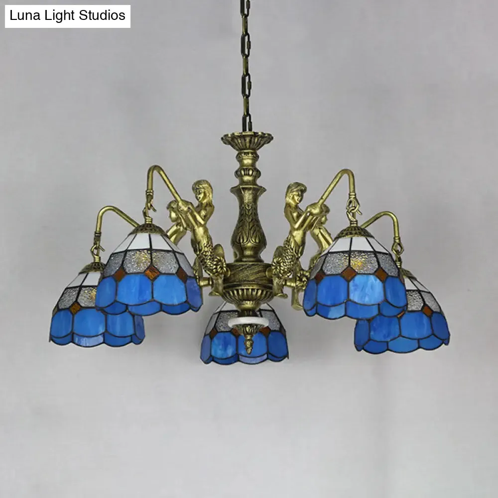 5-Light Tiffany Chandelier: Cut Glass Dome Pendant Lamp in White/Antique Brass with Mermaid Deco