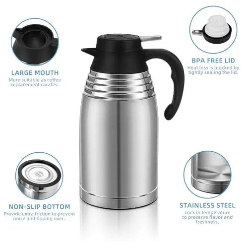 68oz Thermal Coffee Carafe, Stainless Steel Insulated Vacuum Thermos Coffee Carafes For Keeping Hot/Cold, Travel Size Coffee Carafe Airpot, Tea, Water, Beverage Dispenser