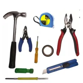  8 Pc Toolkit Combo Set - Plier, Claw Hammer, 2 in 1 Screwdriver, Wire Cutter, Measuring Tape, Line Tester, Electrical Tape, Utility Knife Power & Hand Tool Kit