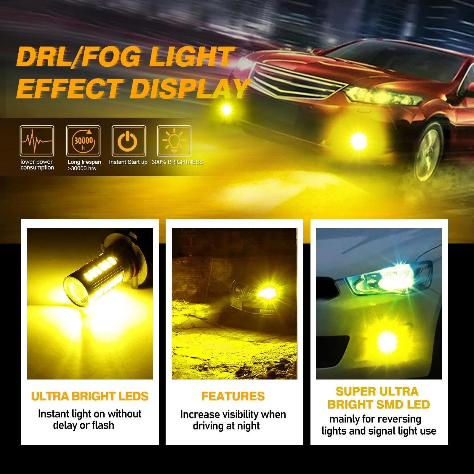 9006/HB4 LED Fog Light/DRL Bulbs 50W 4000LM Golden Yellow 33LED Series | 2 Bulbs