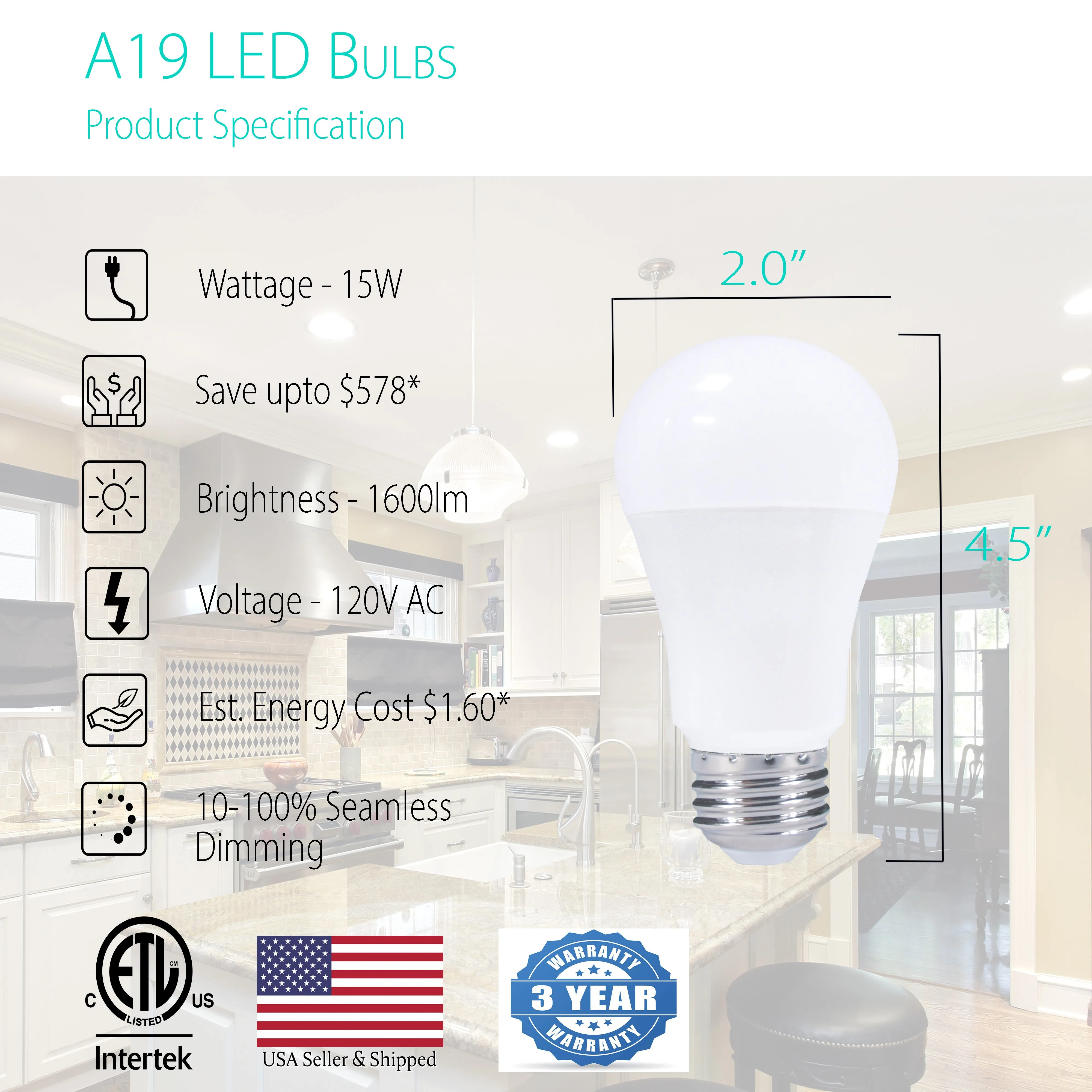 A19 15W LED Bulb - 1600 Lumens - 100W Equivalent Dimmable