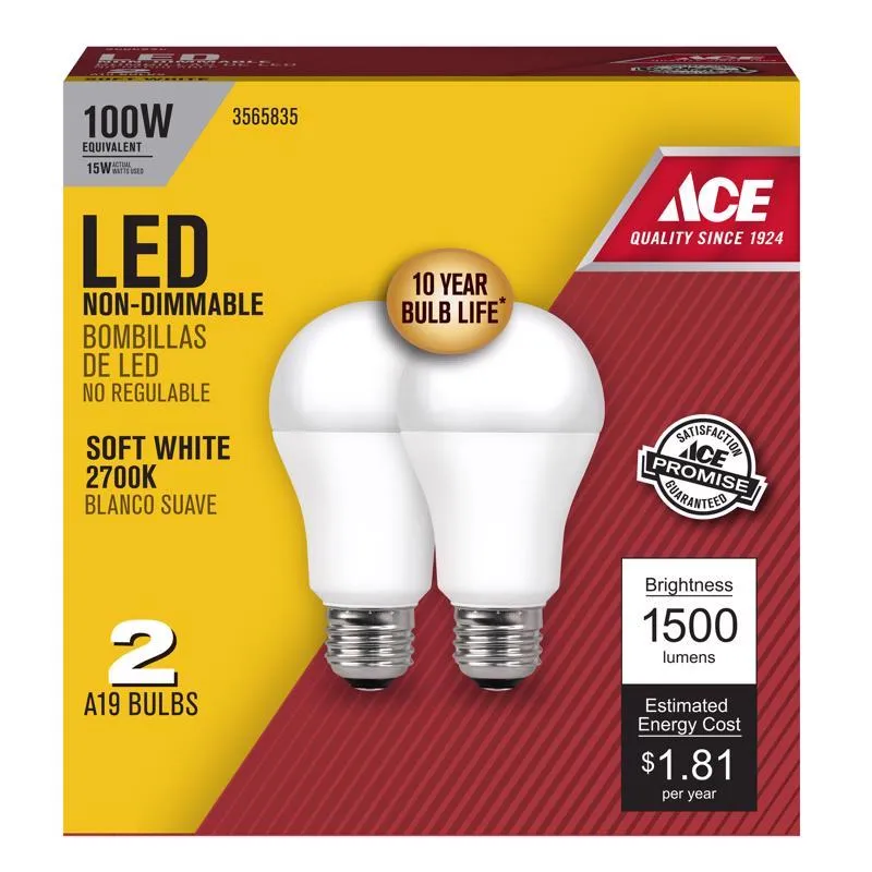 Ace A19 E26 (Medium) LED Bulb Soft White 100 Watt Equivalence 2 pk