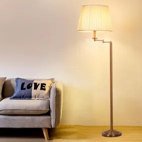 Adjustable Floor Lamp with Brass Finish & Plated Fabric Drum Shade