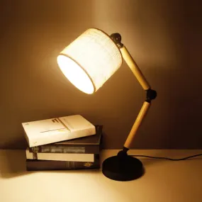 Adjustable Wood Arm Black Desk Light: Simple Cylinder Fabric Table Lamp for Bedroom - 1 Light