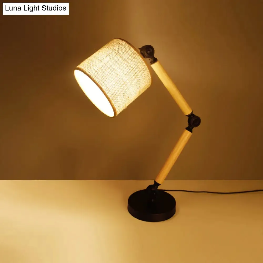 Adjustable Wood Arm Black Desk Light: Simple Cylinder Fabric Table Lamp for Bedroom - 1 Light