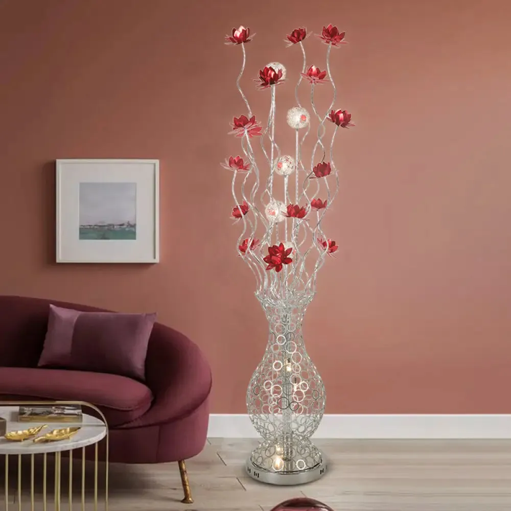 Aluminum Floor Lamp with Decorative LED, Vase Shape Stand-Up Design, Blossom and Ball Details, Red/Purple