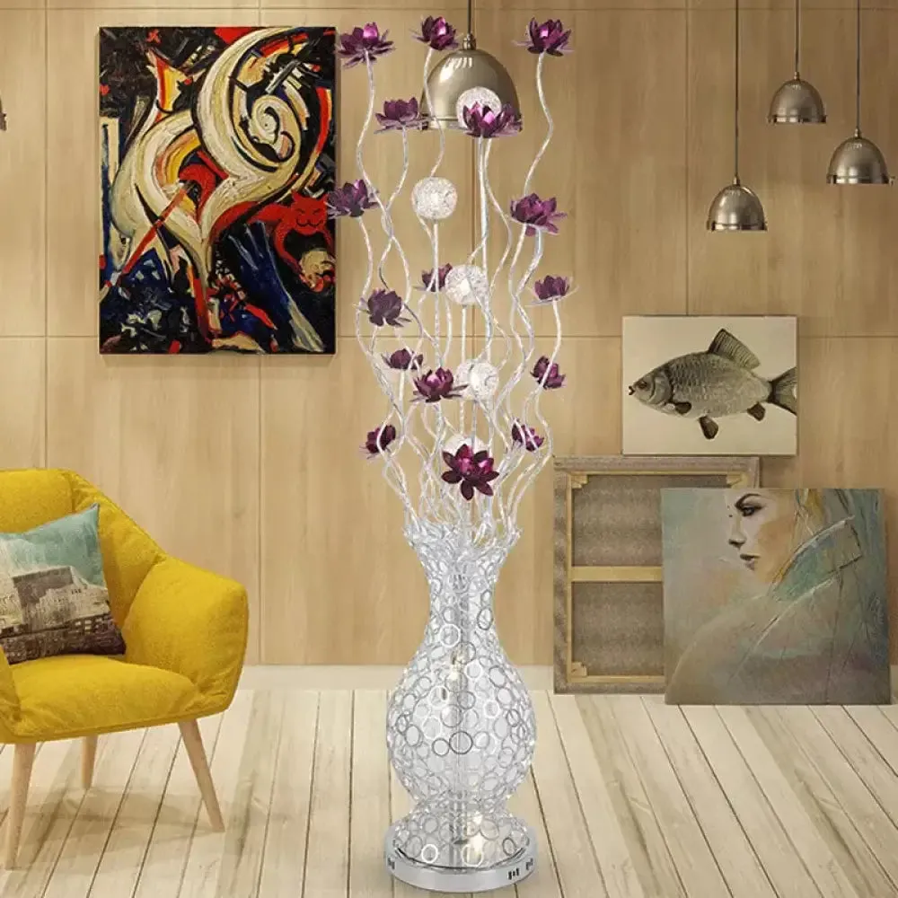 Aluminum Floor Lamp with Decorative LED, Vase Shape Stand-Up Design, Blossom and Ball Details, Red/Purple