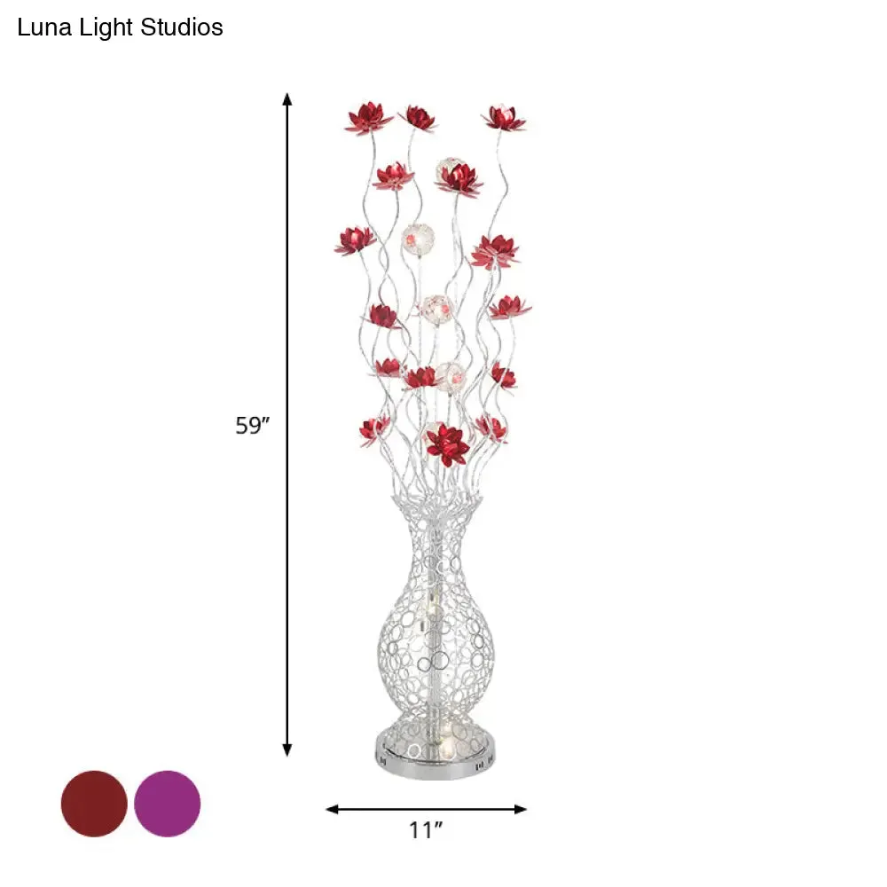 Aluminum Floor Lamp with Decorative LED, Vase Shape Stand-Up Design, Blossom and Ball Details, Red/Purple