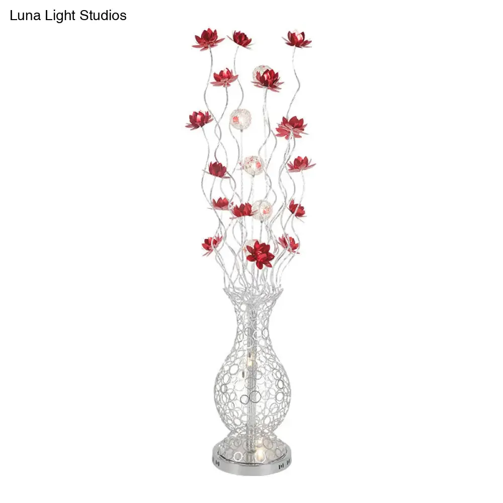 Aluminum Floor Lamp with Decorative LED, Vase Shape Stand-Up Design, Blossom and Ball Details, Red/Purple