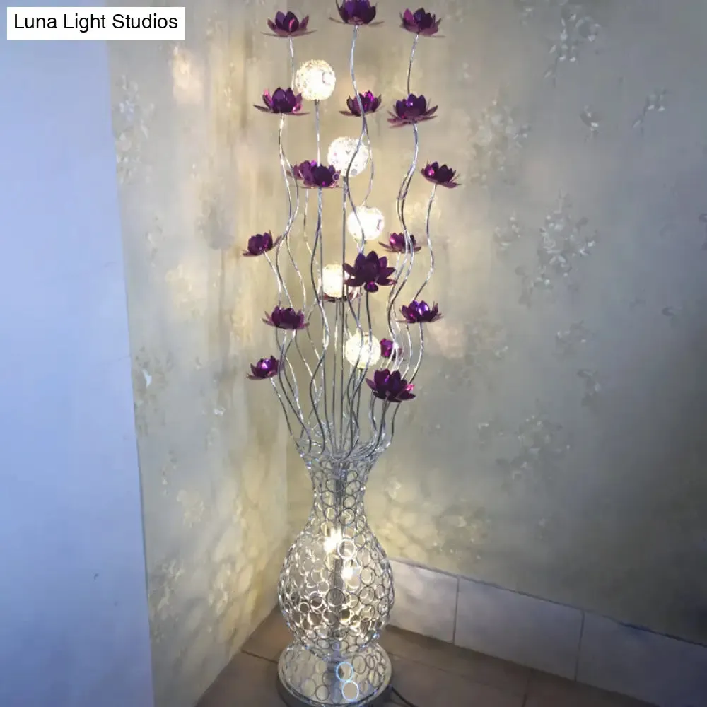 Aluminum Floor Lamp with Decorative LED, Vase Shape Stand-Up Design, Blossom and Ball Details, Red/Purple