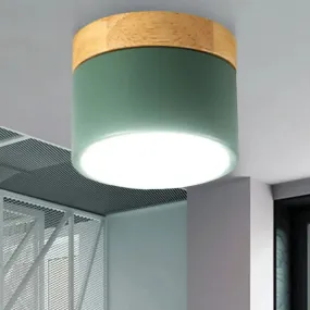 Aluminum Wood Flush Mount Down Light for Living Room Gallery - Simple and Stylish Drum Shape