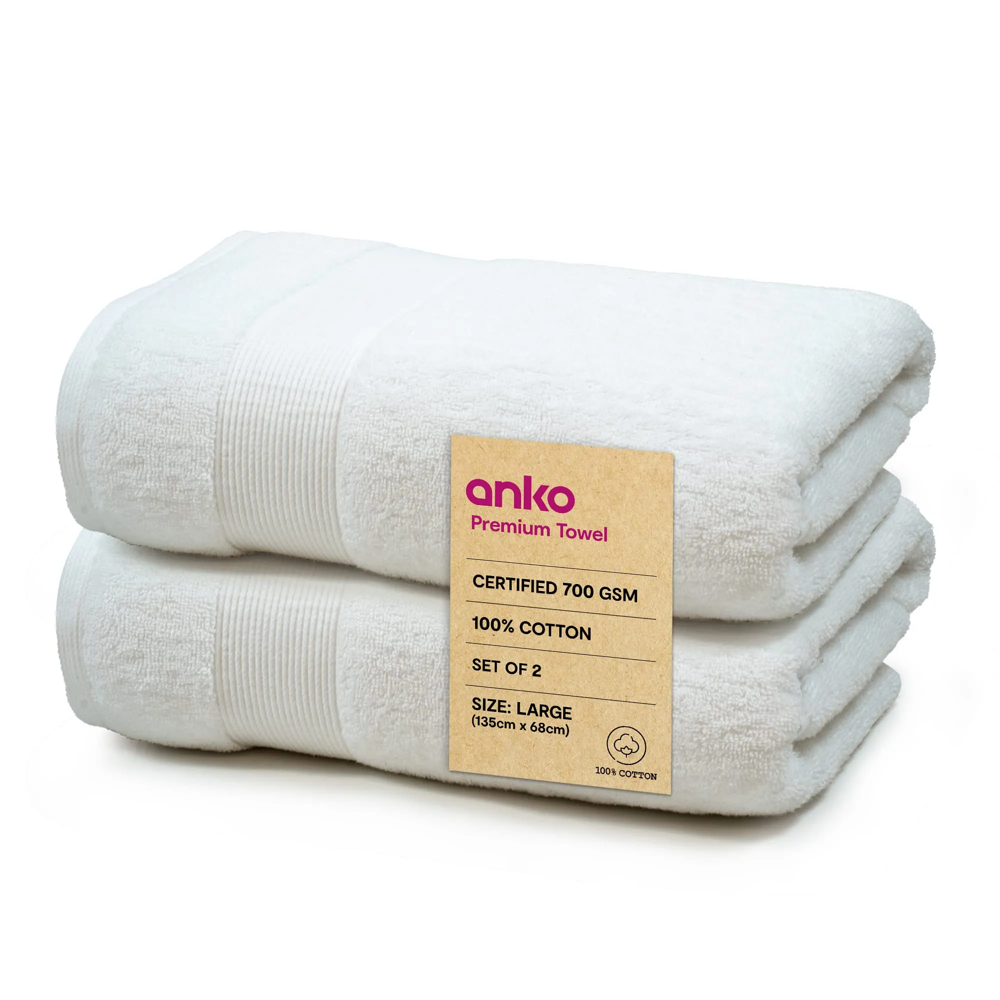 Anko Australia 100% Cotton 700 GSM Large Plush Bath Towel | Set of 2 | Super-Soft, Absorbent, Quick-Drying | White Towel for Men, Women & Kids | 135x68 cm |Travel, Gym, Spa Towel