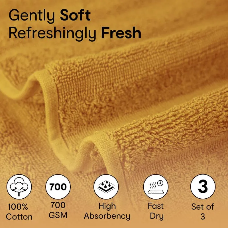 Anko Australia 100% Cotton 700 GSM Ribbed Towel Set | 1 Bath Towel, 2 Hand Towels | Super-Soft, Absorbent, Quick-Drying | Mustard Cotton Towels for Bath, Travel & Gym | 135x68cm & 60x40cm