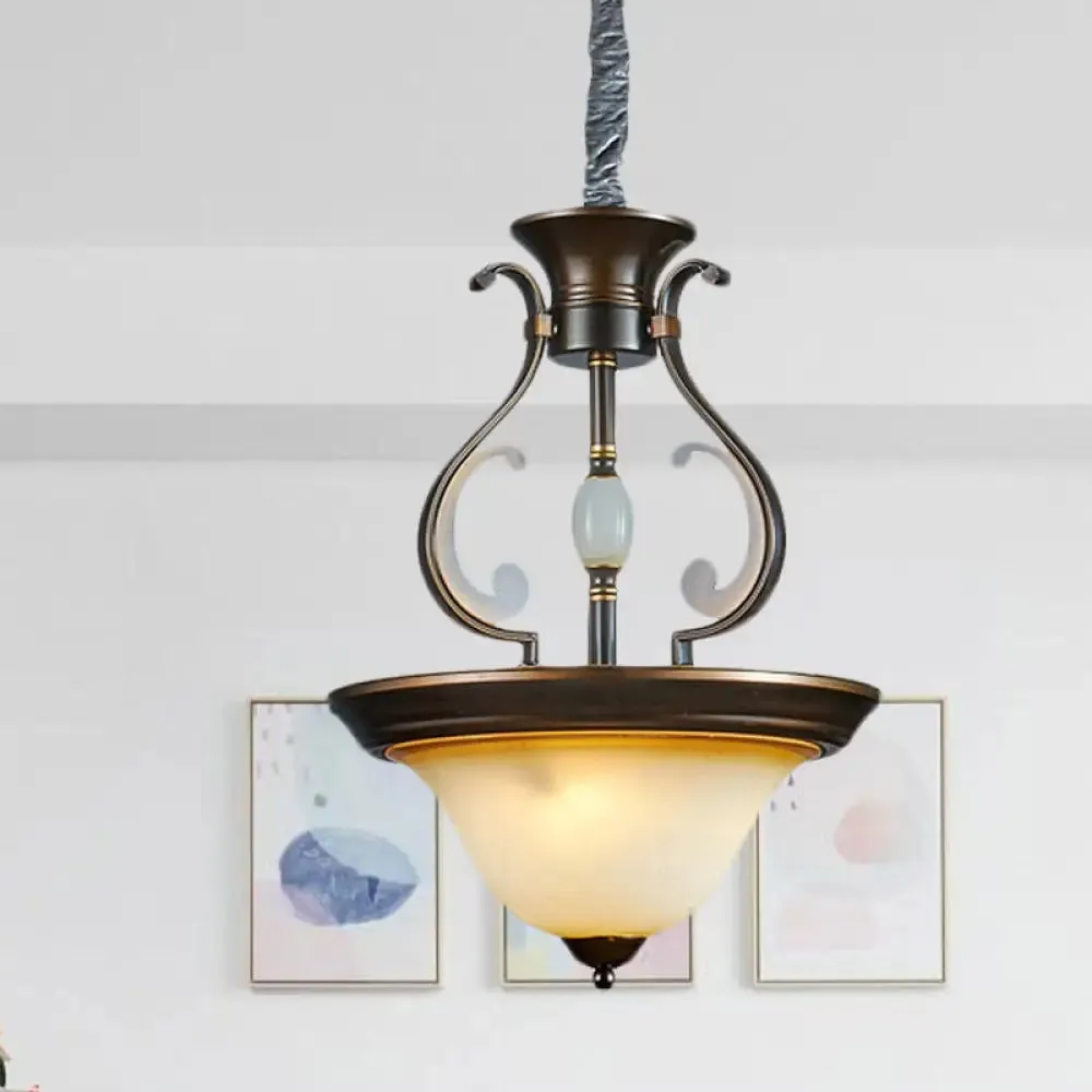 Antique Beige Glass Chandelier: Bell-Shaped 4-Light Kitchen Pendant Lamp with Curved Arm