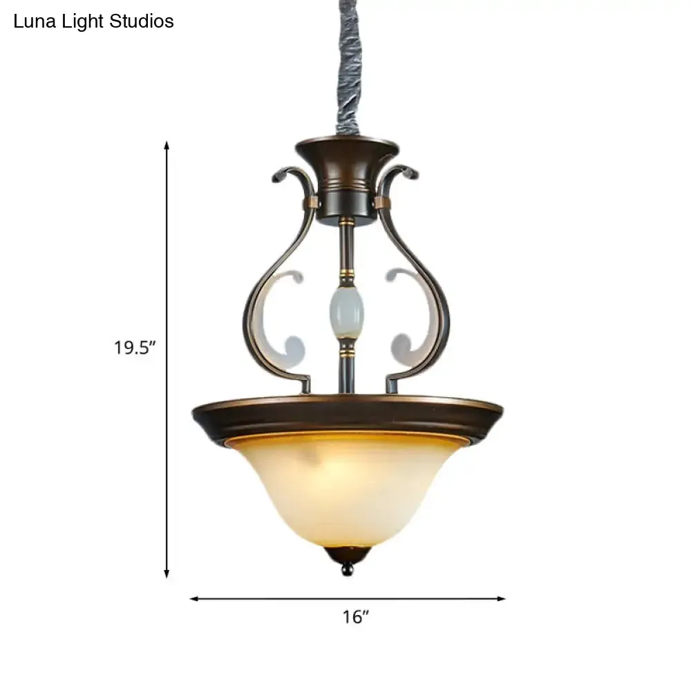 Antique Beige Glass Chandelier: Bell-Shaped 4-Light Kitchen Pendant Lamp with Curved Arm