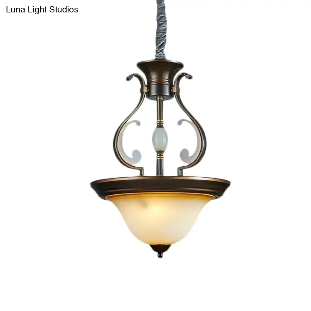 Antique Beige Glass Chandelier: Bell-Shaped 4-Light Kitchen Pendant Lamp with Curved Arm