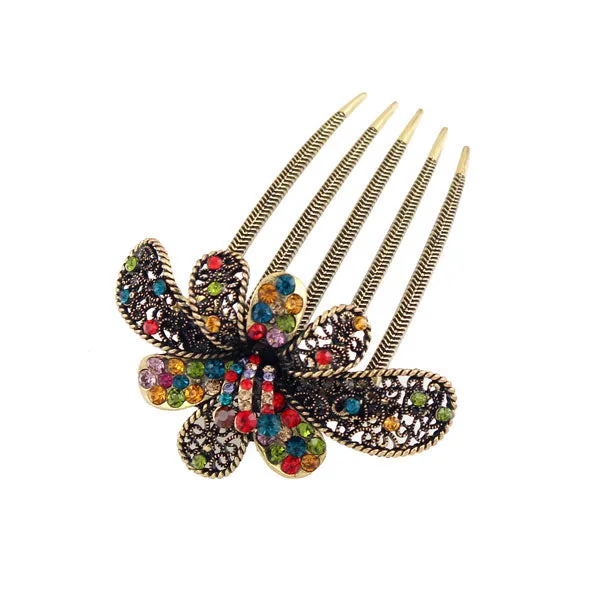 Antique Brass Rhinestone Blooming Flower French Twist Comb