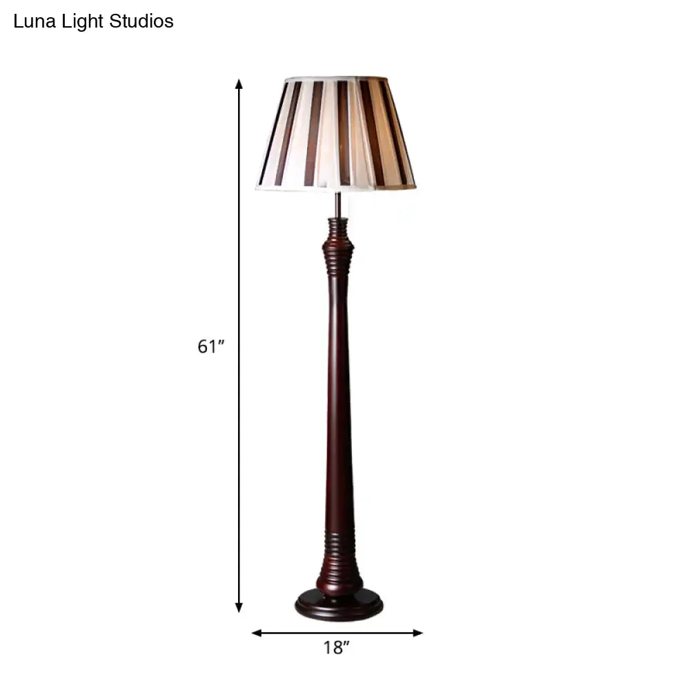 Antique Style Brown Standing Lamp - 1-Bulb Floor Light with Fabric Pleated Tapered Shade for Study Room