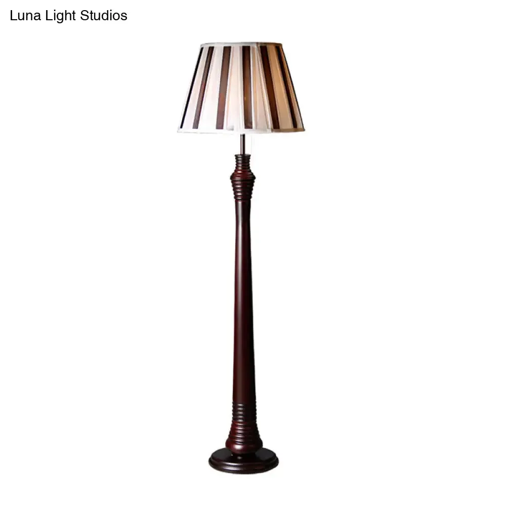 Antique Style Brown Standing Lamp - 1-Bulb Floor Light with Fabric Pleated Tapered Shade for Study Room