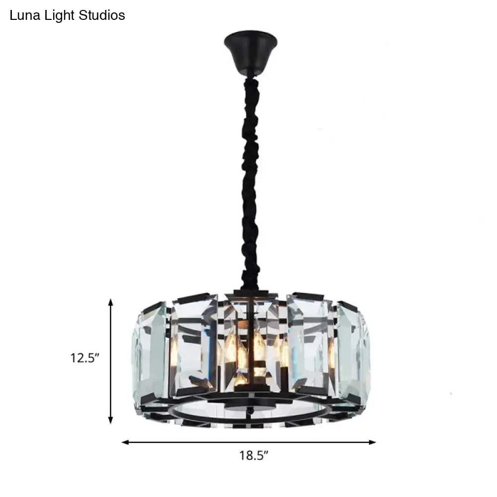 Antique Style Crystal Block Drum Ceiling Light Fixture - 4-Light Black Chandelier for Bedroom