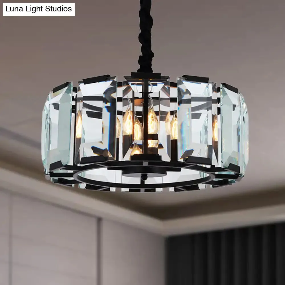 Antique Style Crystal Block Drum Ceiling Light Fixture - 4-Light Black Chandelier for Bedroom