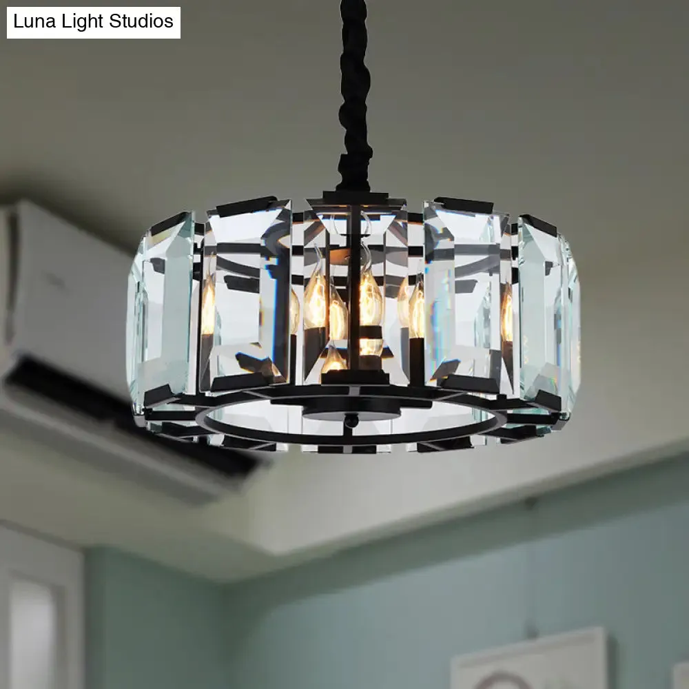 Antique Style Crystal Block Drum Ceiling Light Fixture - 4-Light Black Chandelier for Bedroom