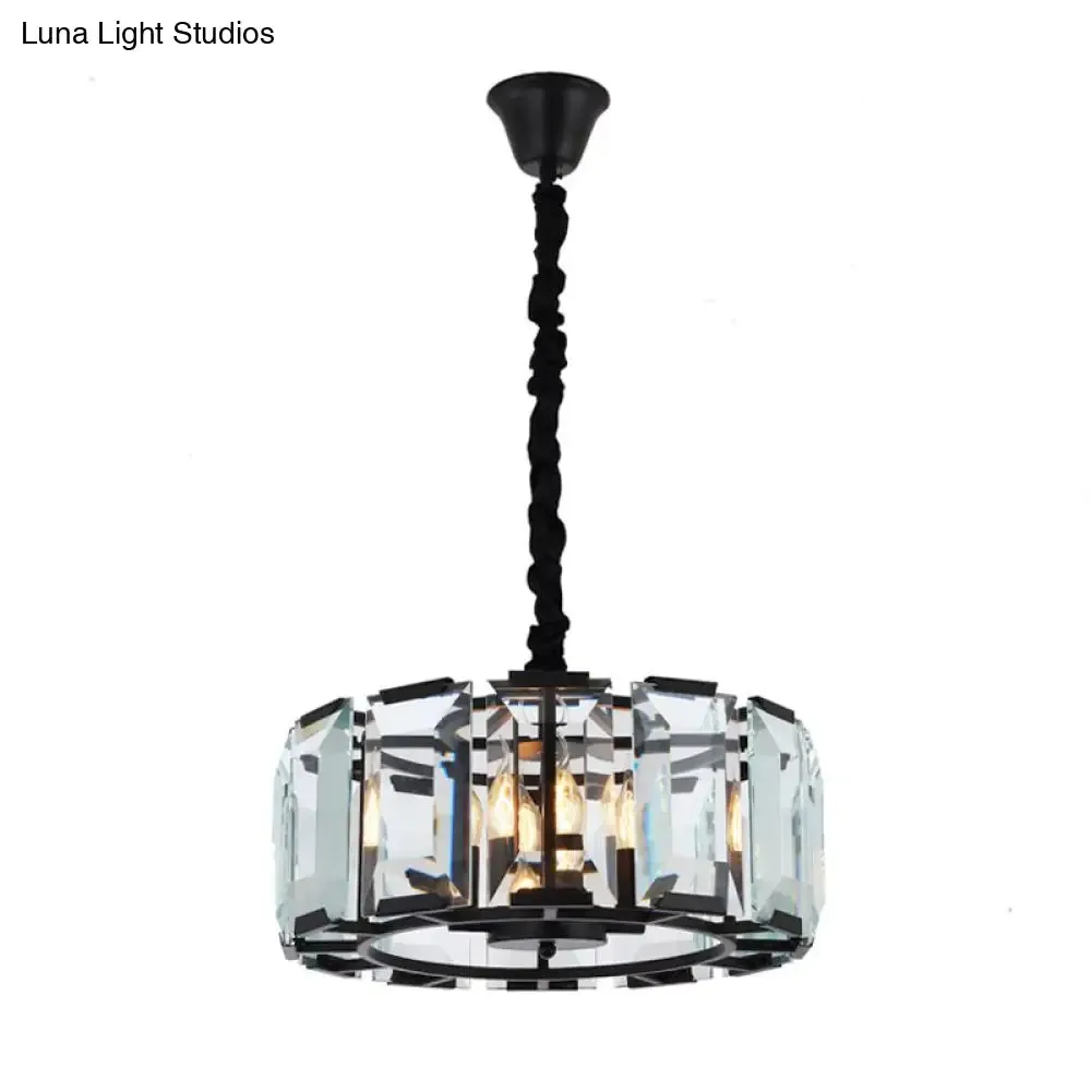 Antique Style Crystal Block Drum Ceiling Light Fixture - 4-Light Black Chandelier for Bedroom