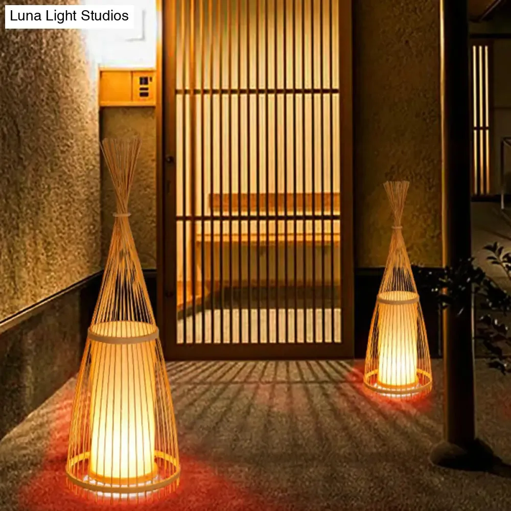 Bamboo Floor Lamp from South-East Asia with Tapered Design and Cylindrical Shade