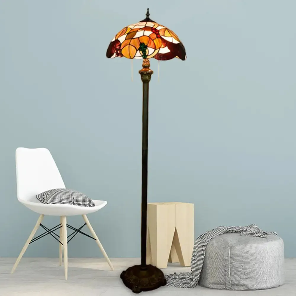 Baroque Scalloped Floor Lamp: 2-Bulb Cut Glass with Leaf and Grape Patterns, Brass Finish and Pull Chain