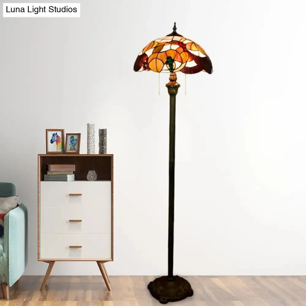 Baroque Scalloped Floor Lamp: 2-Bulb Cut Glass with Leaf and Grape Patterns, Brass Finish and Pull Chain