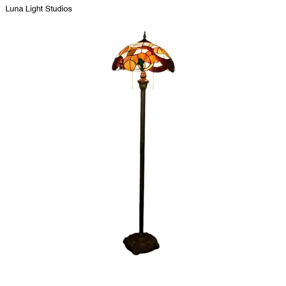 Baroque Scalloped Floor Lamp: 2-Bulb Cut Glass with Leaf and Grape Patterns, Brass Finish and Pull Chain