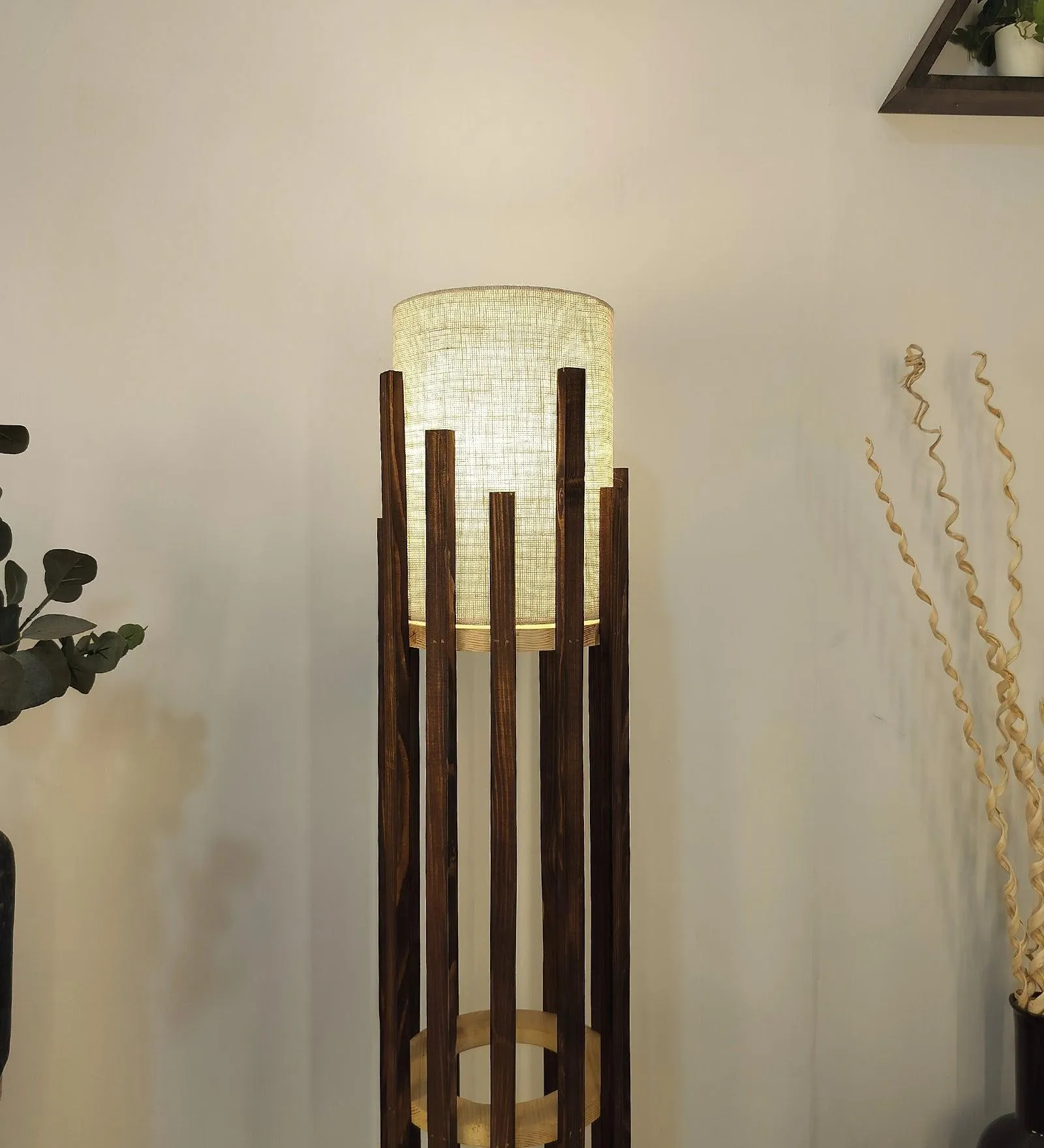 Bastian Wooden Floor Lamp with Brown Base and White Fabric Lampshade