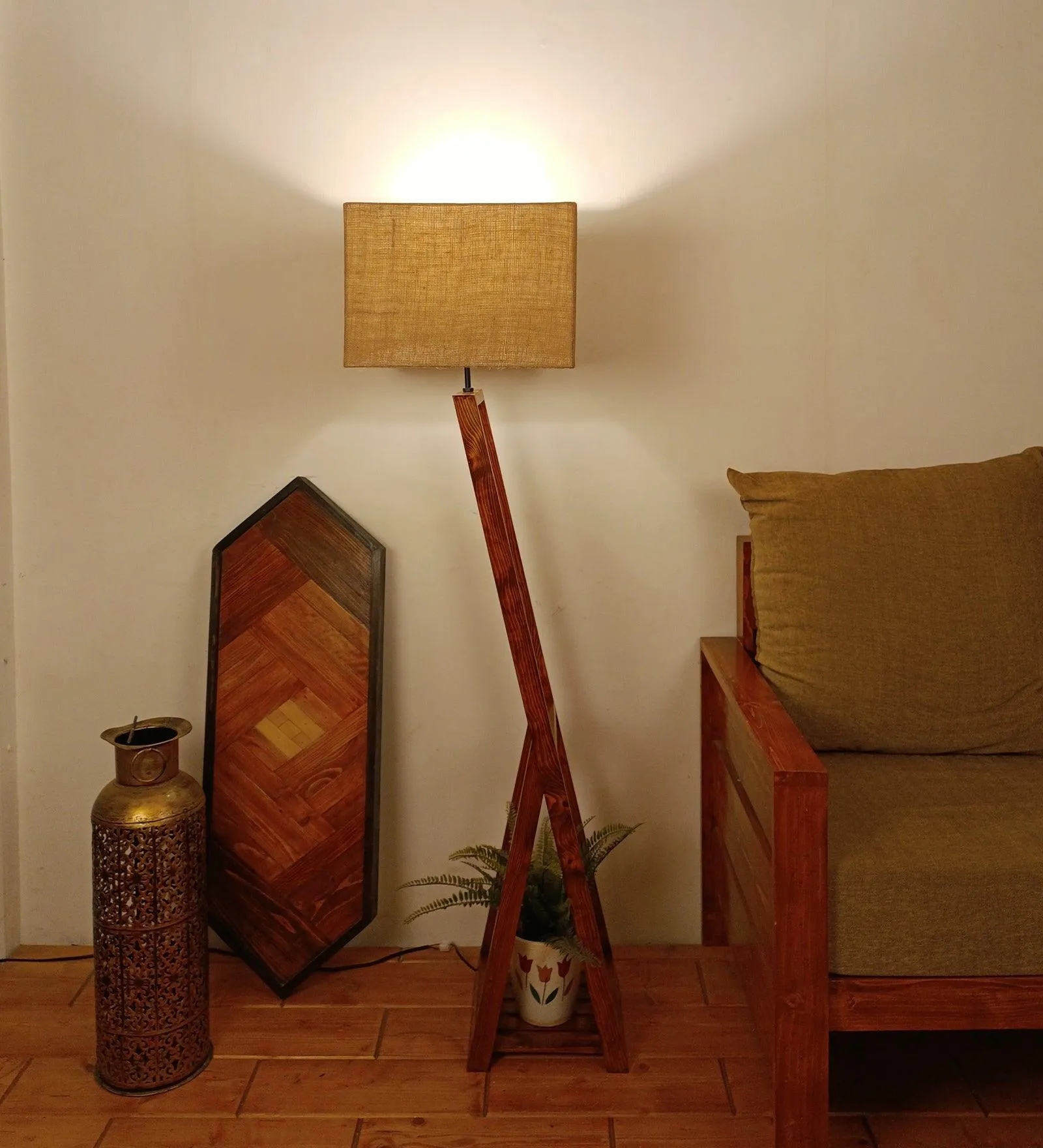 Bezalel Wooden Floor Lamp with Brown Base and Beige Fabric Lampshade