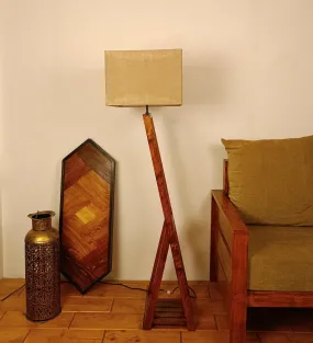 Bezalel Wooden Floor Lamp with Brown Base and Beige Fabric Lampshade