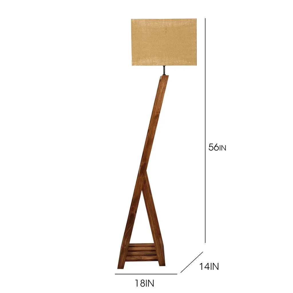 Bezalel Wooden Floor Lamp with Brown Base and Beige Fabric Lampshade