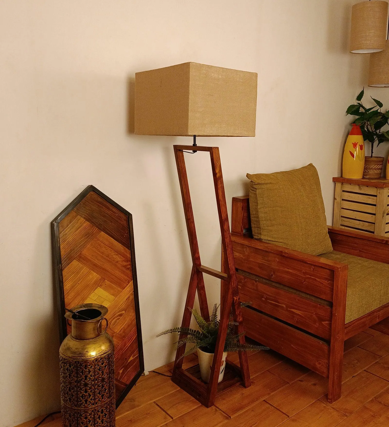 Bezalel Wooden Floor Lamp with Brown Base and Beige Fabric Lampshade