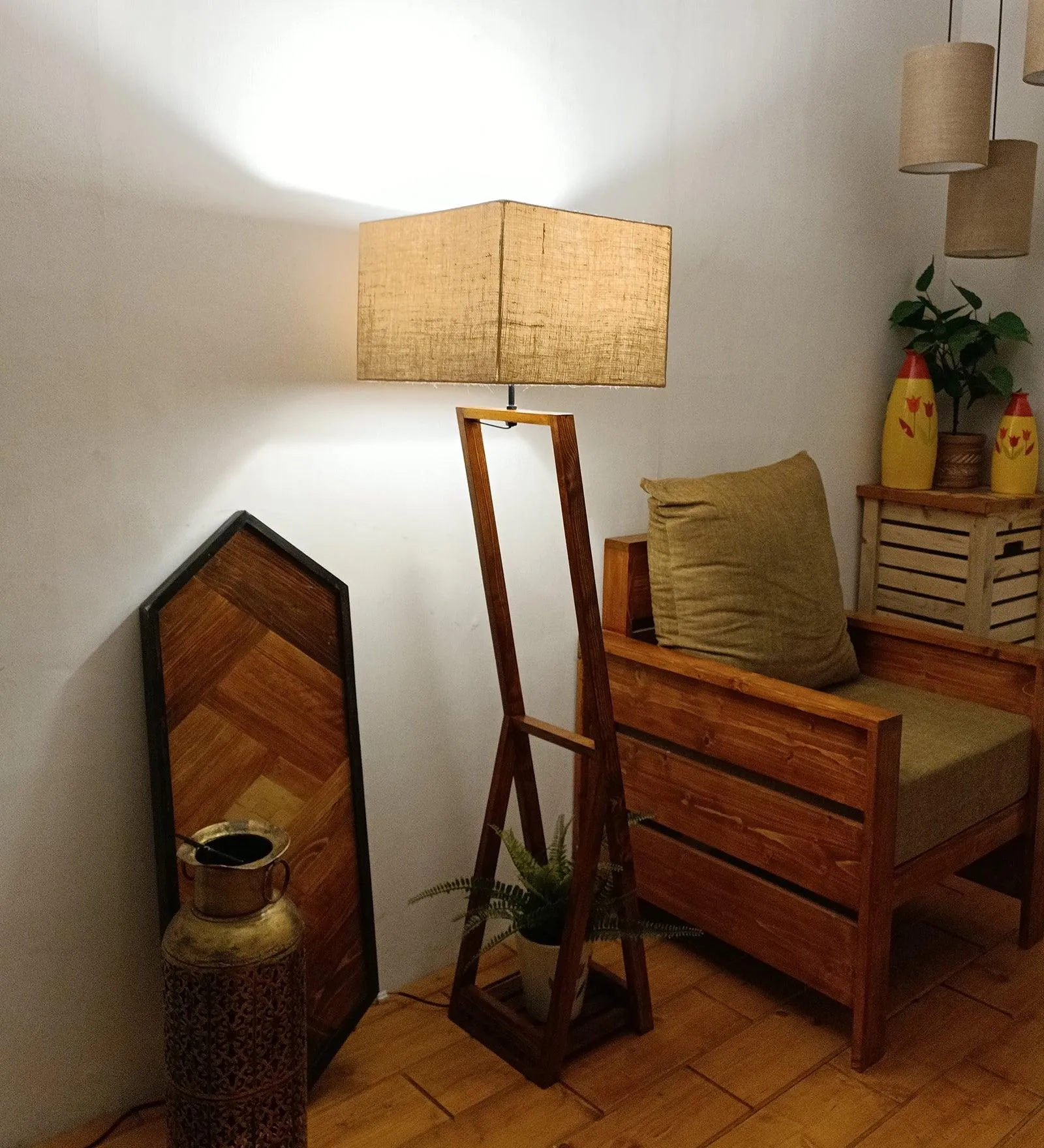 Bezalel Wooden Floor Lamp with Brown Base and Beige Fabric Lampshade