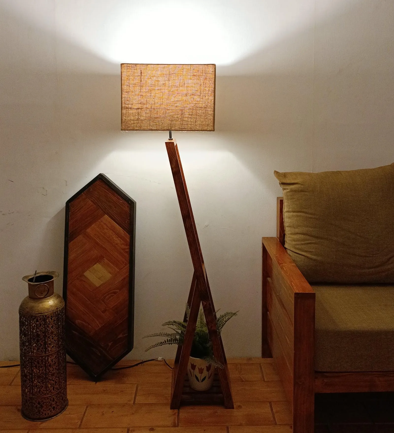 Bezalel Wooden Floor Lamp with Brown Base and Beige Fabric Lampshade