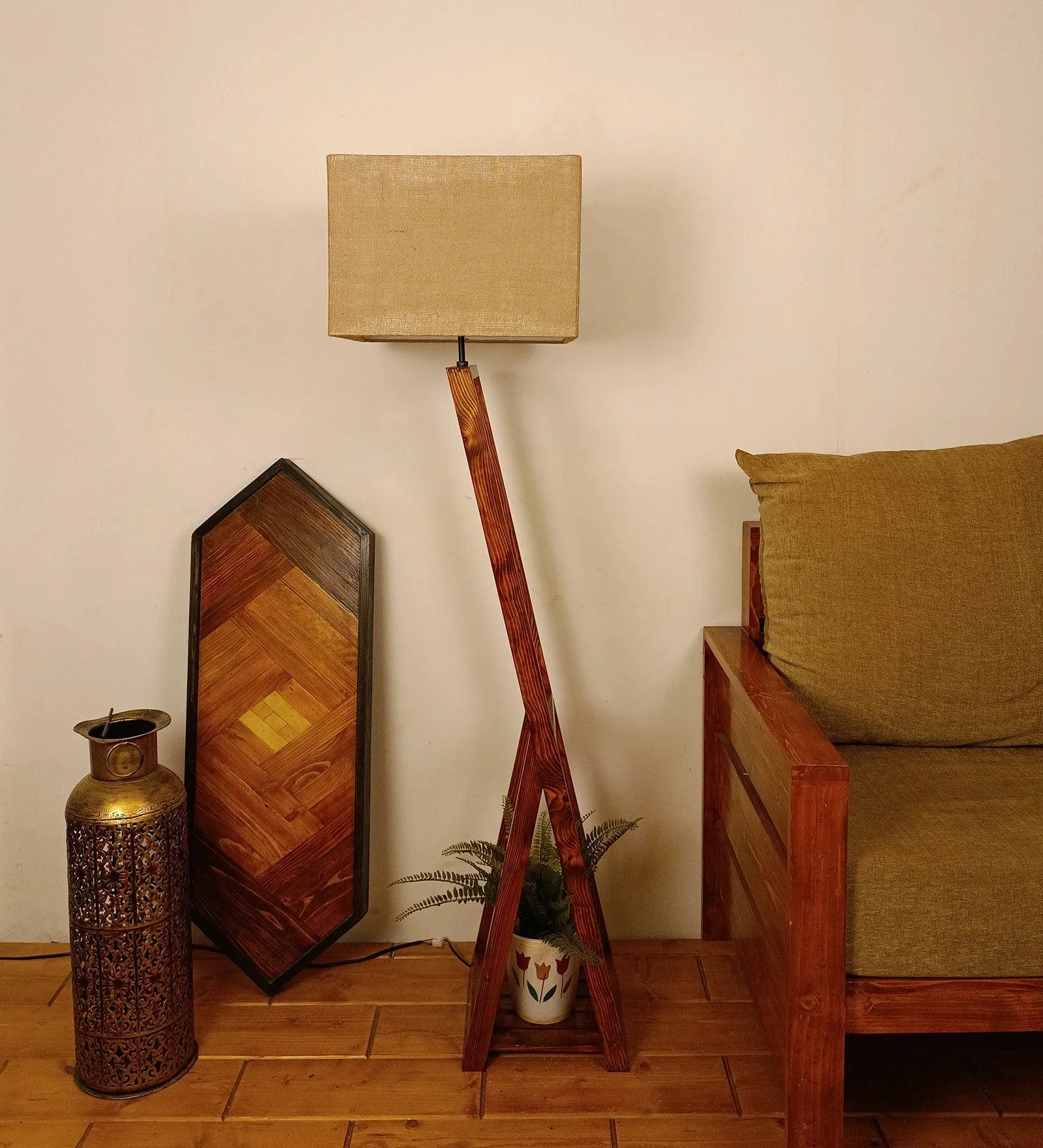 Bezalel Wooden Floor Lamp with Brown Base and Beige Fabric Lampshade