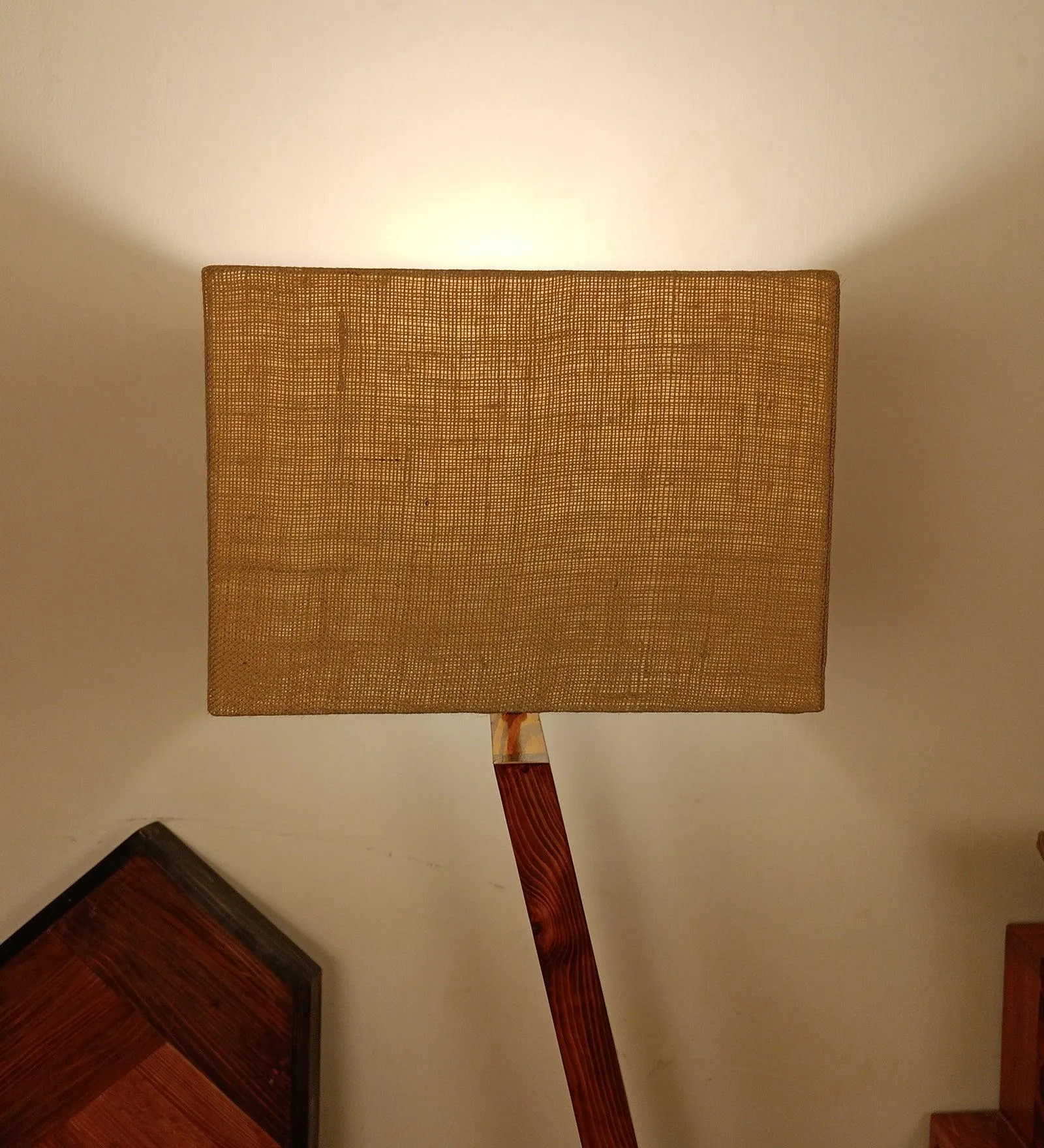 Bezalel Wooden Floor Lamp with Brown Base and Beige Fabric Lampshade