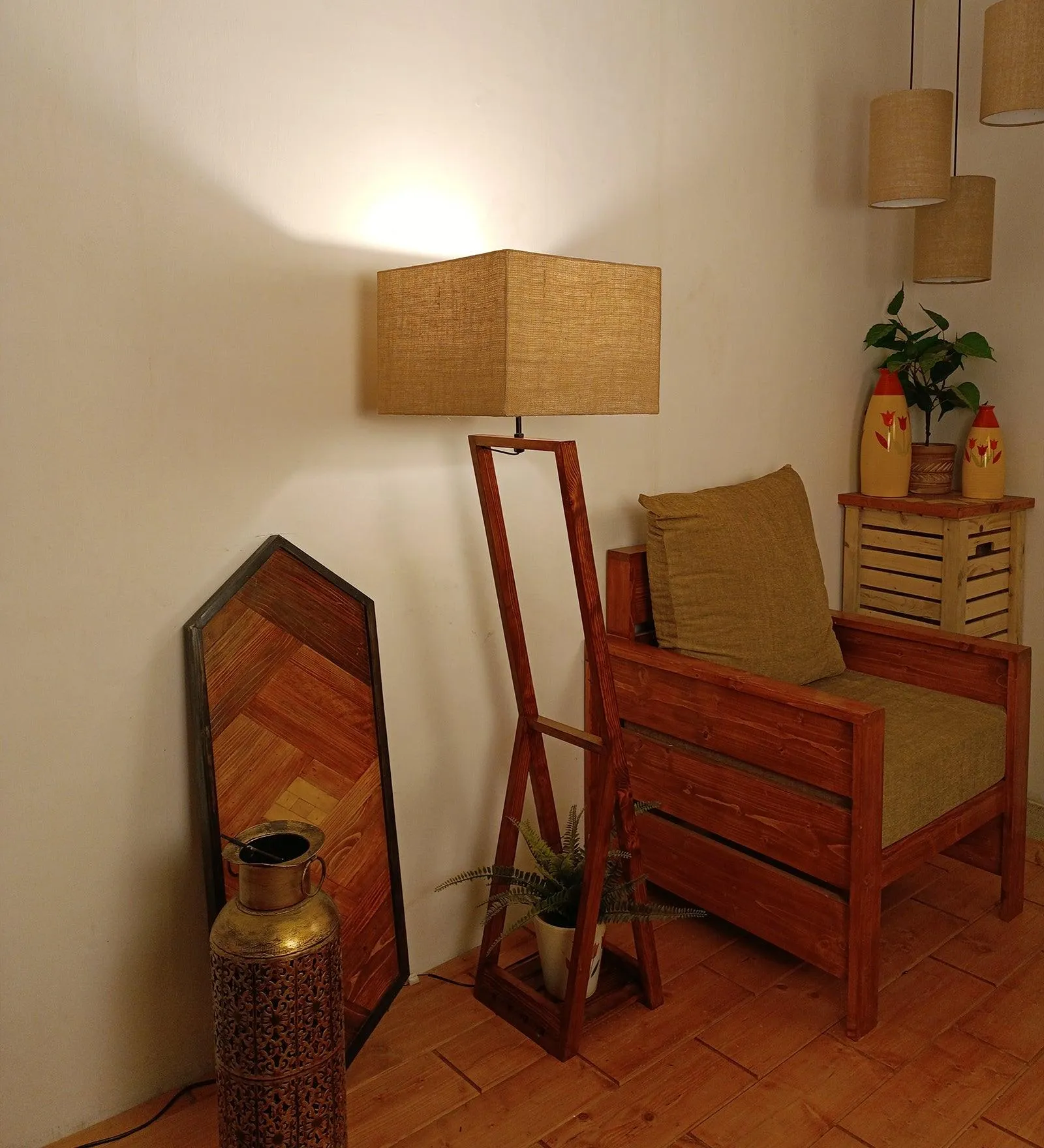 Bezalel Wooden Floor Lamp with Brown Base and Beige Fabric Lampshade