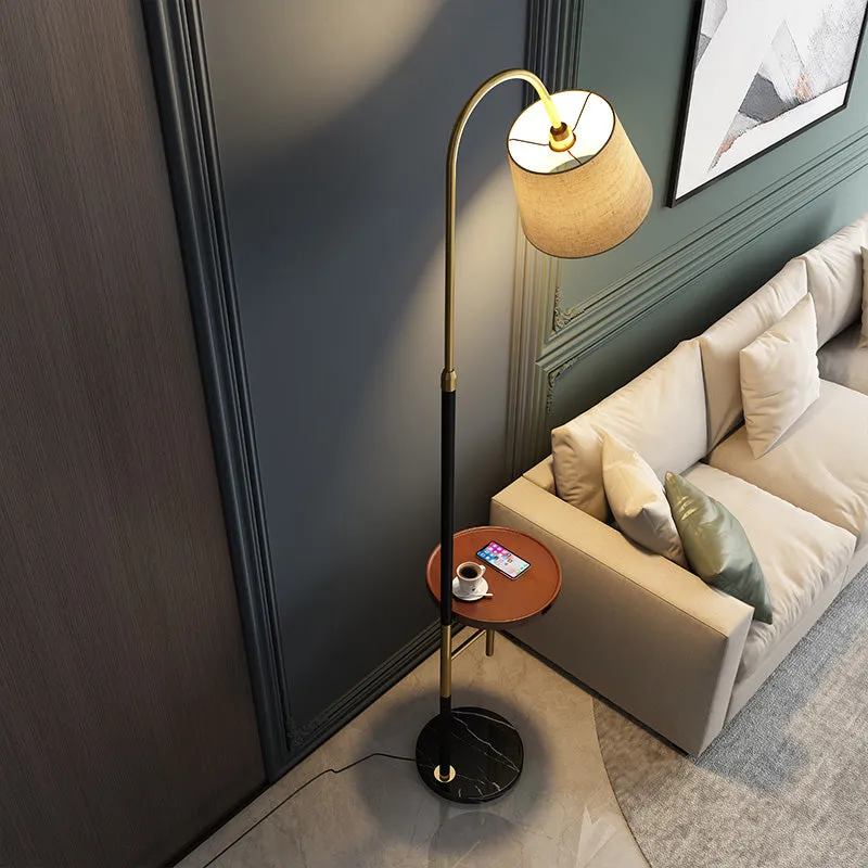 Black Single-Bulb Floor Lamp: Traditional Tapered Shape with Tray & Fabric Standing Light