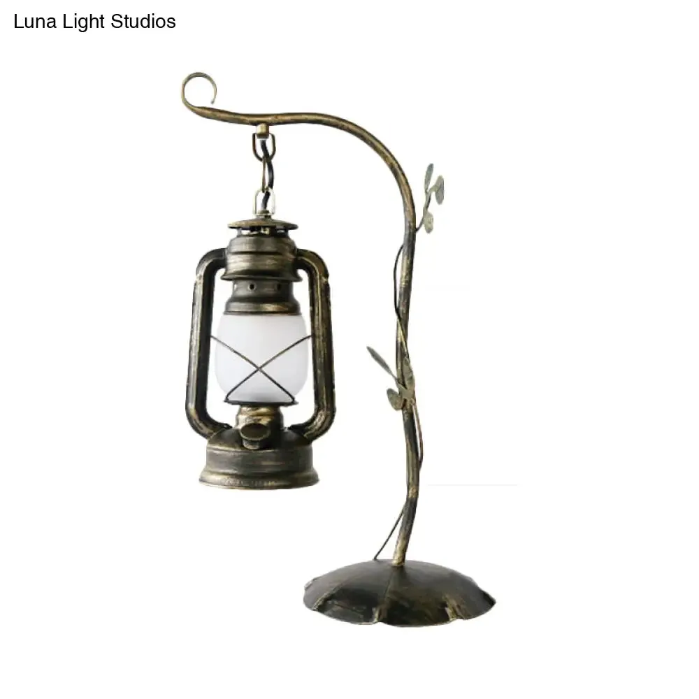 Brass Table Lamp with Frosted Glass Shade - Kerosene Inspired Design, Bedroom Desk Lighting