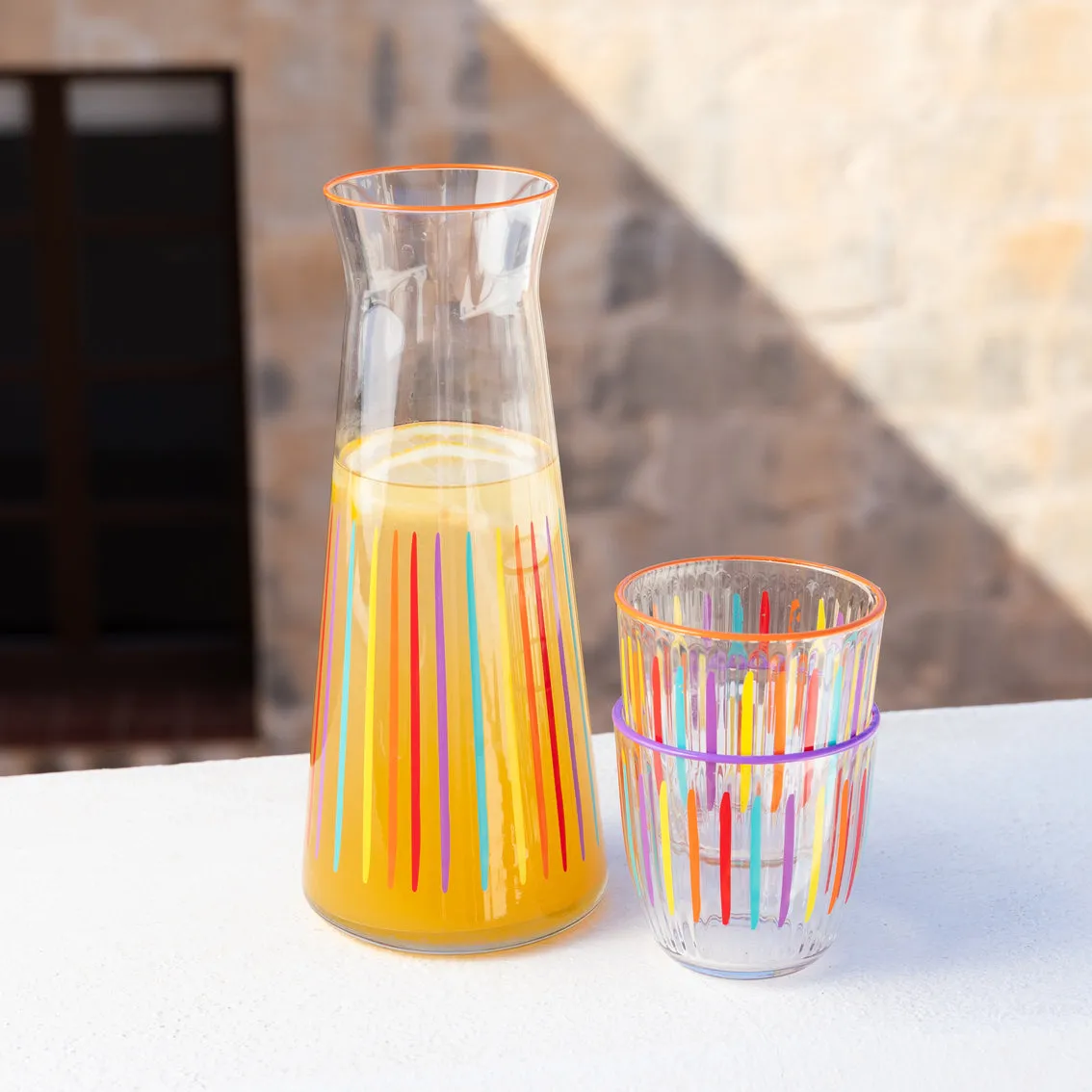 Bright Striped Multi-Coloured Glass Carafe - 25cm