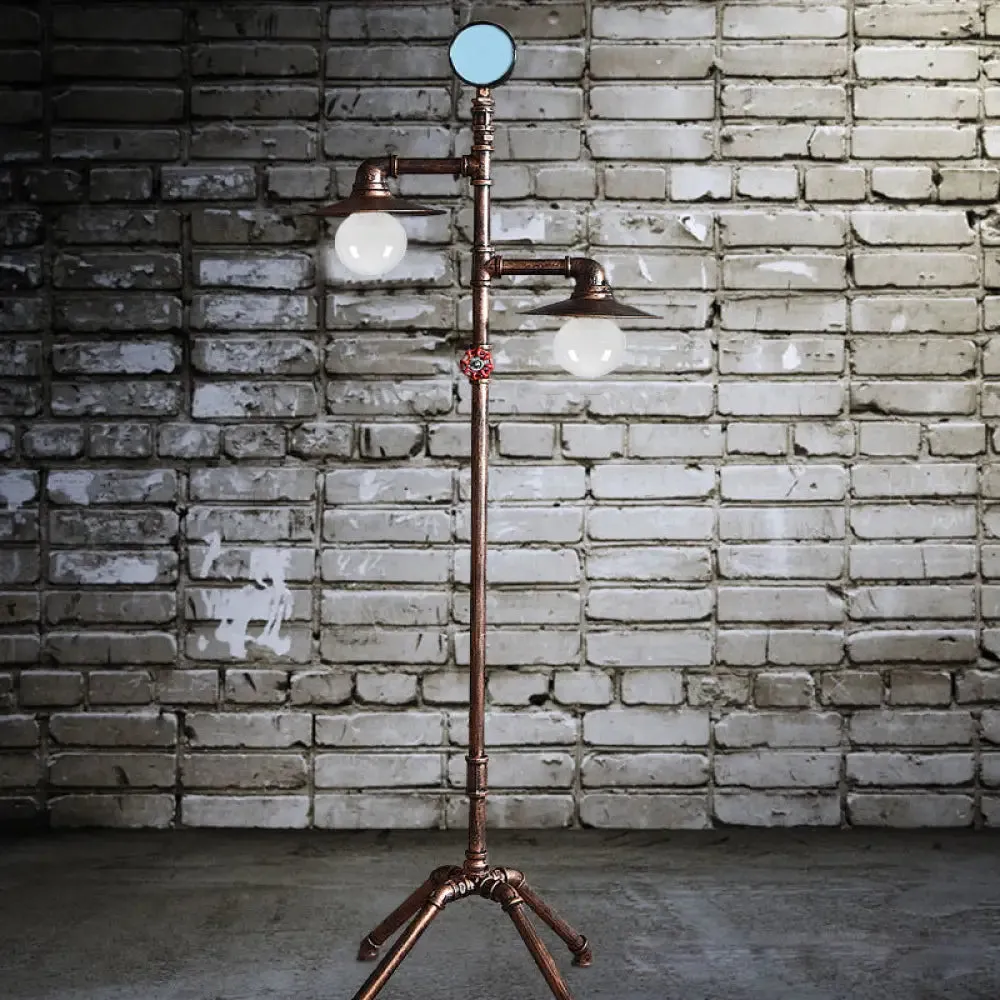 Bronze Pipe Floor Light: Industrial Iron Quadpod Lamp with Saucer Lampshade